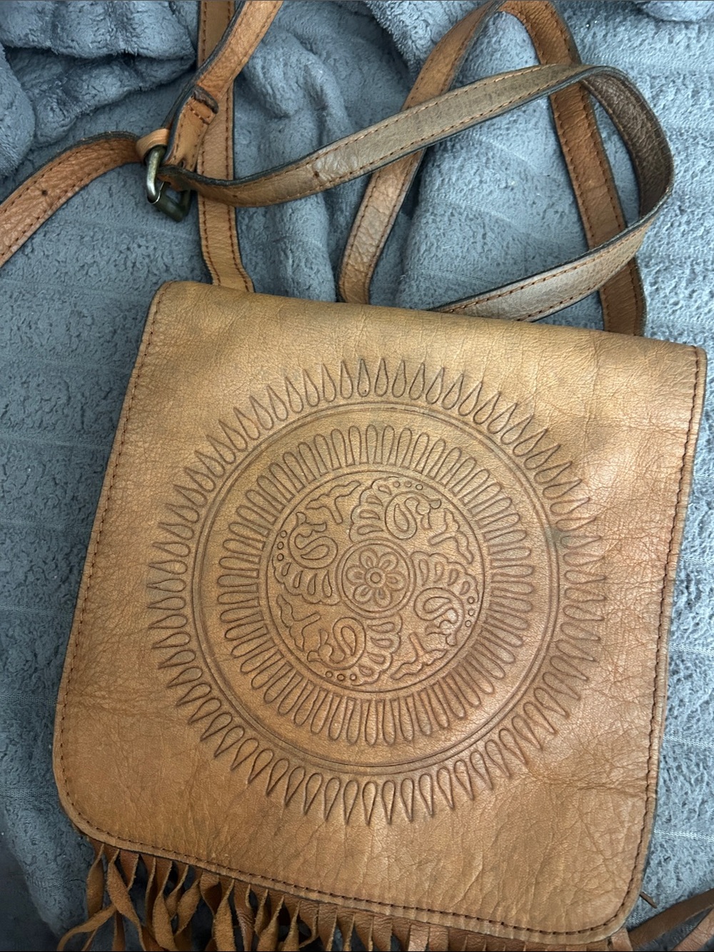 Patricia Nash Tan Leather Embossed Fringe Crossbody